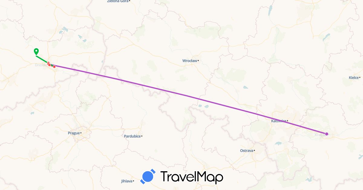 TravelMap itinerary: driving, bus, train, hiking in Germany, Poland (Europe)